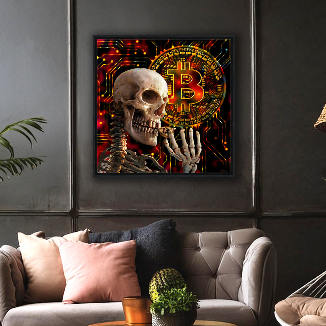 Bitcoin Skull - Gerahmte Leinwand