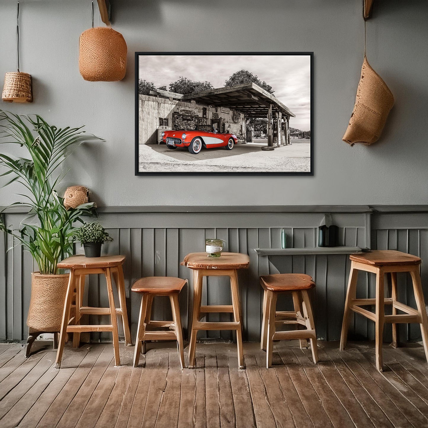 Route 66 Corvette - Gerahmte Leinwand
