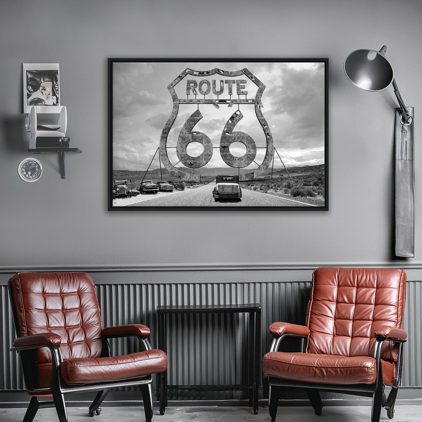ROUTE 66 - THE GATE schwarz Weiß - Gerahmte Leinwand