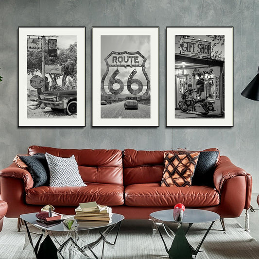 ROUTE 66 SET - 3 posters black/white + white border