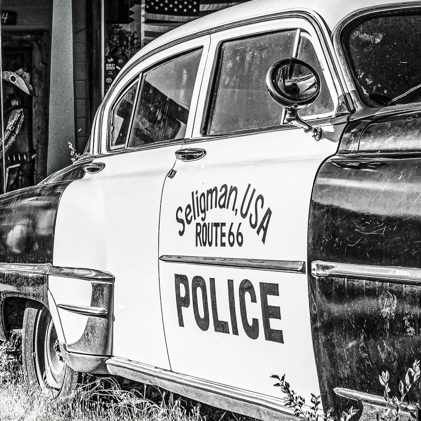 Route 66 Police Car Black-White - Kunstdruck+ weißer Rand